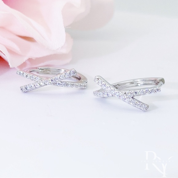 Moissanite Huggies, Big X Shape Huggie Earrings, Solid Silver Diamonds Hoop - Picture 4 of 8